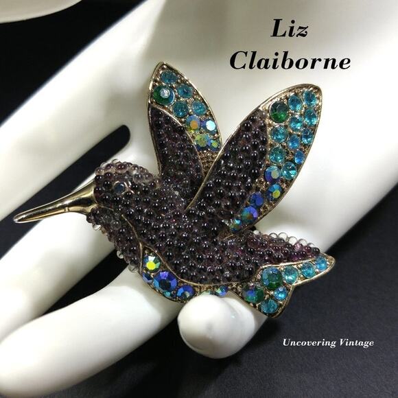 Liz Claiborne Vintage Hummingbird Brooch – Teal Rhinestones & Beads - Picture 2 of 7